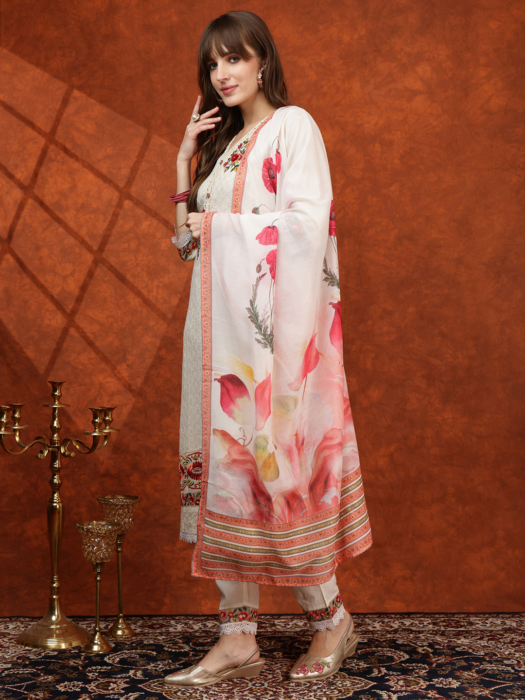 Hand Embroidered & Chikankari Kurta With Pant & Floral Printed Dupatta, Cream - Hiral Fashion | Grocsy