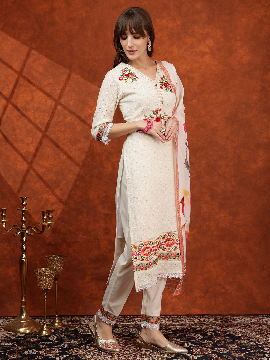 Hand Embroidered & Chikankari Kurta With Pant & Floral Printed Dupatta, Cream - Hiral Fashion | Grocsy