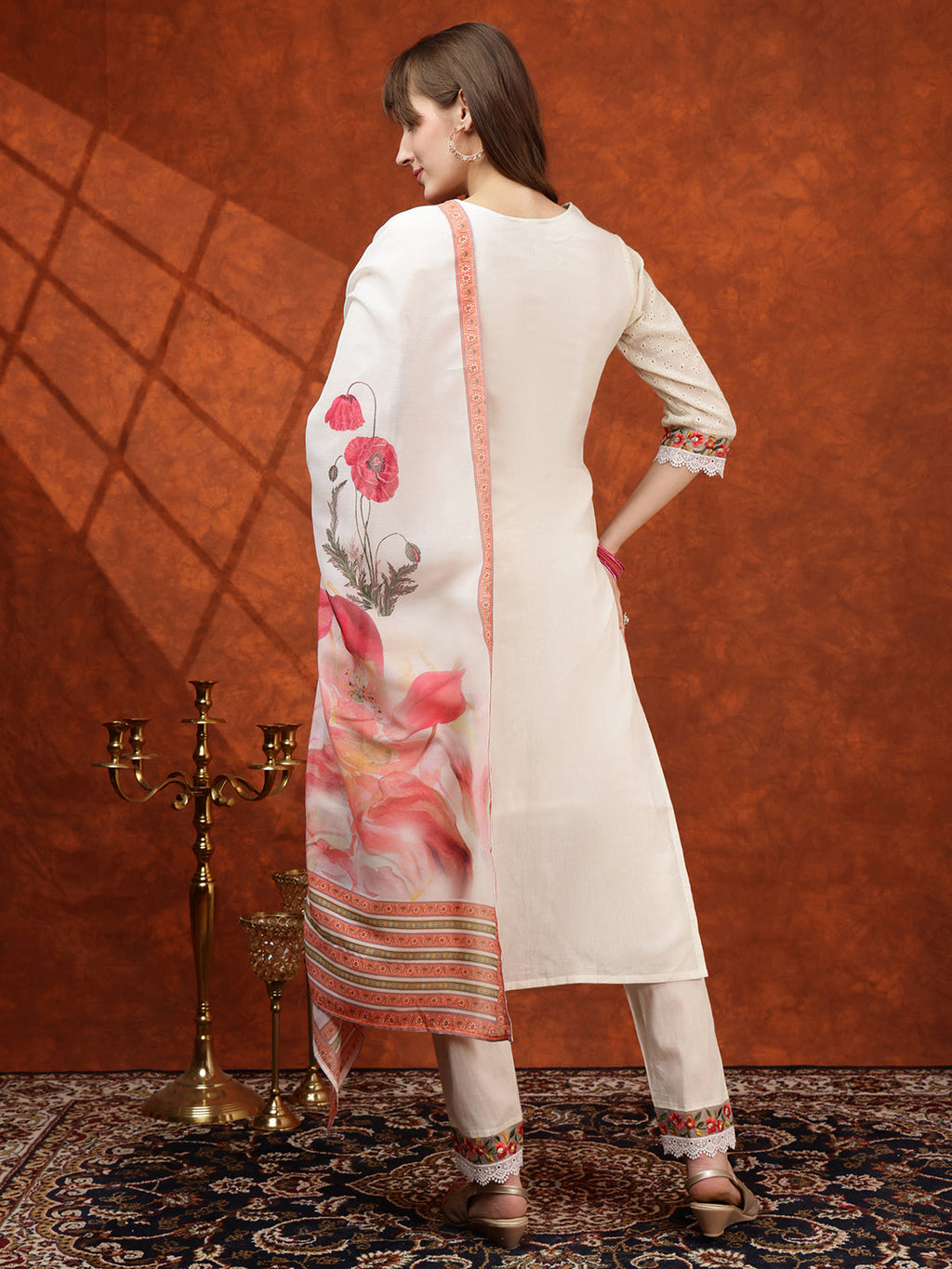 Hand Embroidered & Chikankari Kurta With Pant & Floral Printed Dupatta, Cream - Hiral Fashion | Grocsy