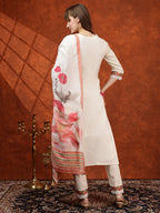 Hand Embroidered & Chikankari Kurta With Pant & Floral Printed Dupatta, Cream - Hiral Fashion | Grocsy