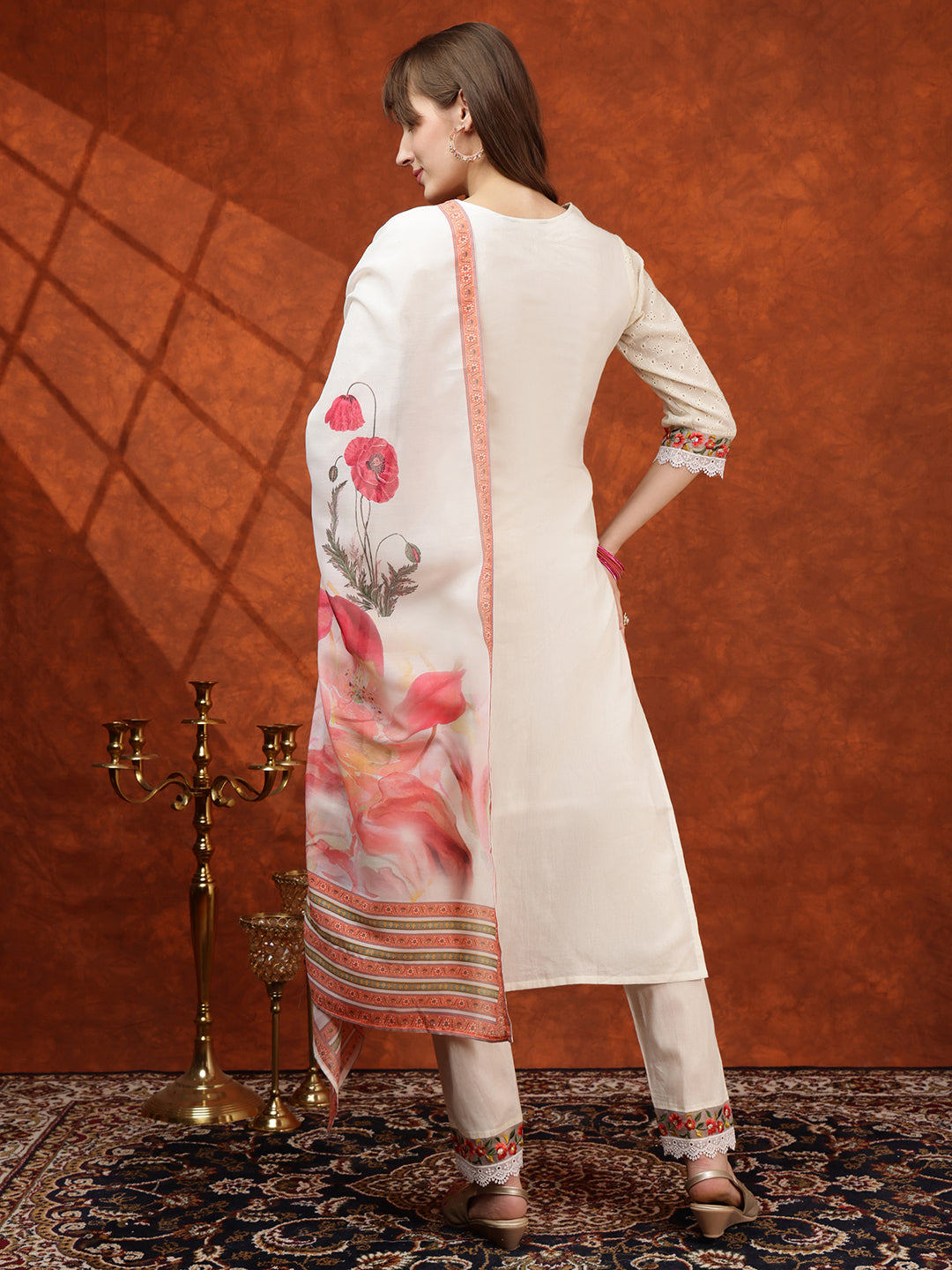 Hand Embroidered & Chikankari Kurta With Pant & Floral Printed Dupatta, Cream - Hiral Fashion | Grocsy