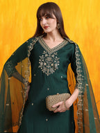 Sequined Embroidered Kurta With Pant & Embroidered Dupatta, Bottle-Green - Hiral Fashion | Grocsy