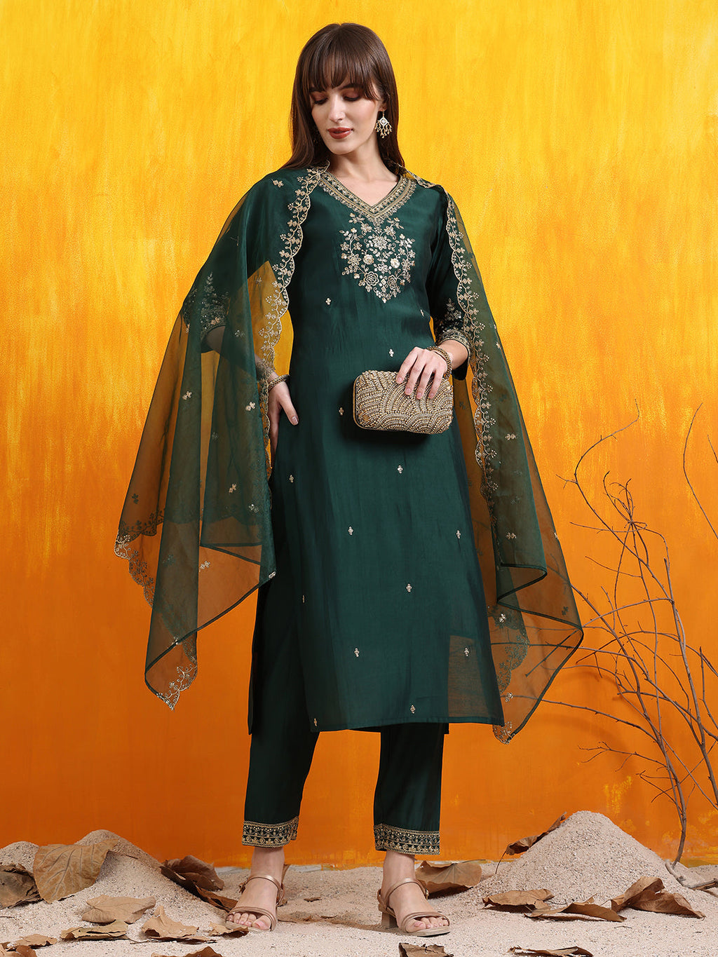 Sequined Embroidered Kurta With Pant & Embroidered Dupatta, Bottle-Green - Hiral Fashion | Grocsy