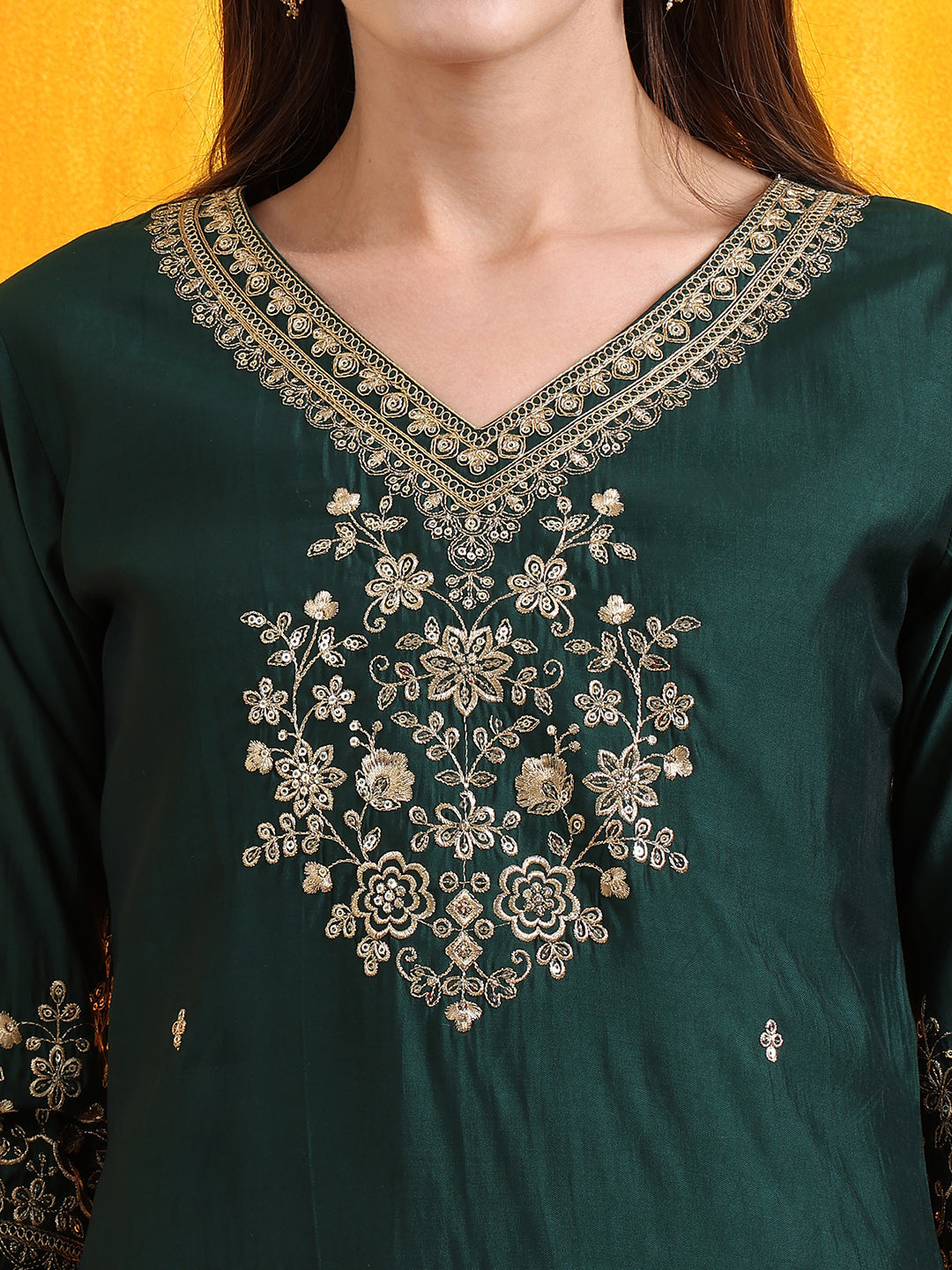 Sequined Embroidered Kurta With Pant & Embroidered Dupatta, Bottle-Green - Hiral Fashion | Grocsy