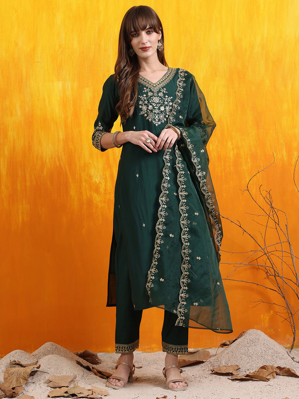 Sequined Embroidered Kurta With Pant & Embroidered Dupatta, Bottle-Green - Hiral Fashion | Grocsy