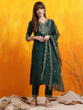 Sequined Embroidered Kurta With Pant & Embroidered Dupatta, Bottle-Green - Hiral Fashion | Grocsy