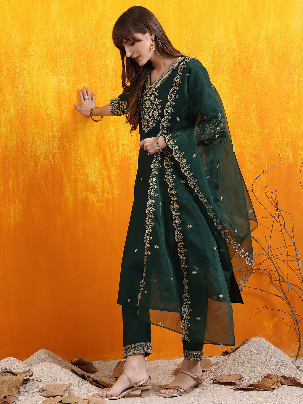 Sequined Embroidered Kurta With Pant & Embroidered Dupatta, Bottle-Green - Hiral Fashion | Grocsy