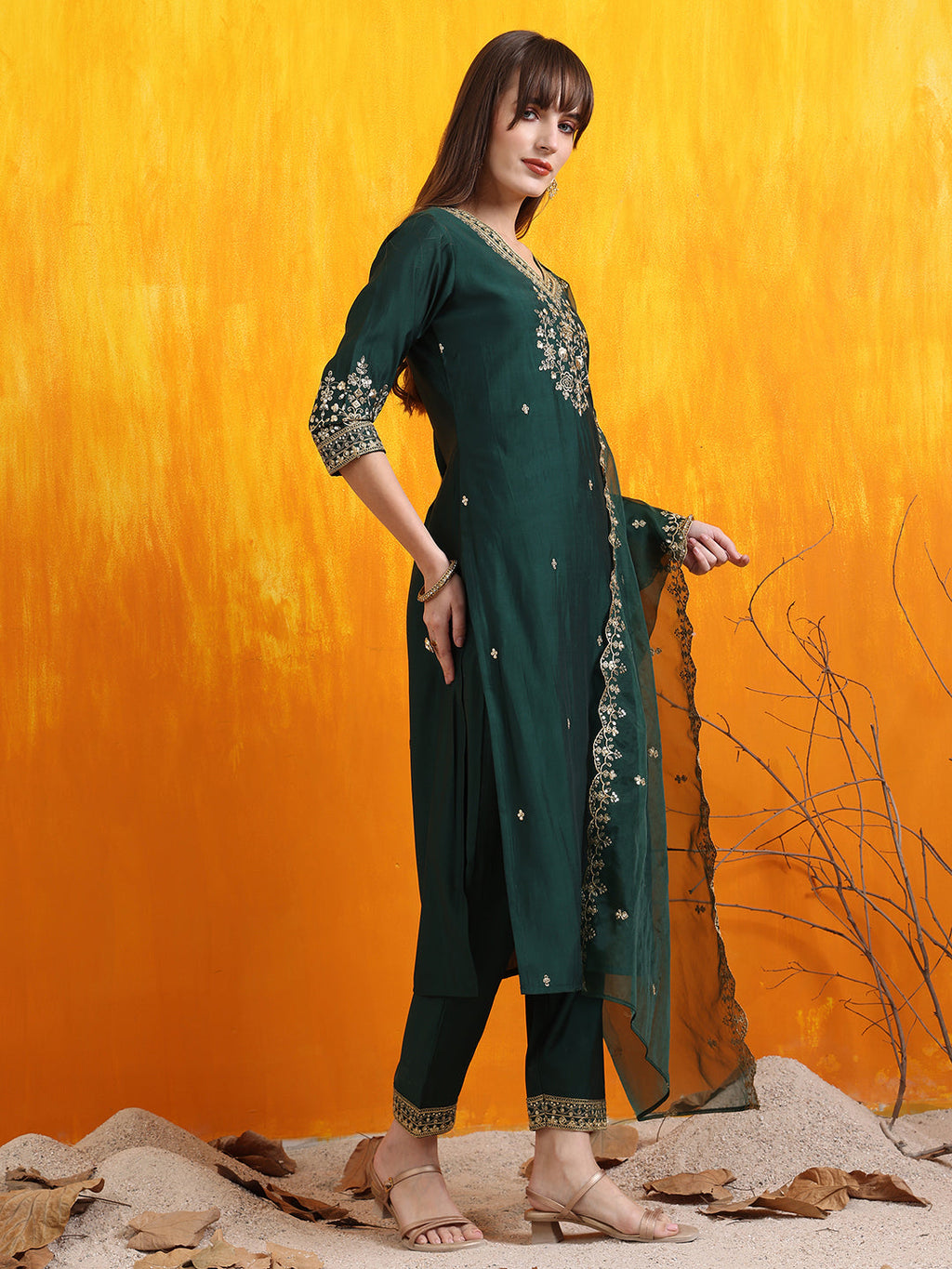 Sequined Embroidered Kurta With Pant & Embroidered Dupatta, Bottle-Green - Hiral Fashion | Grocsy