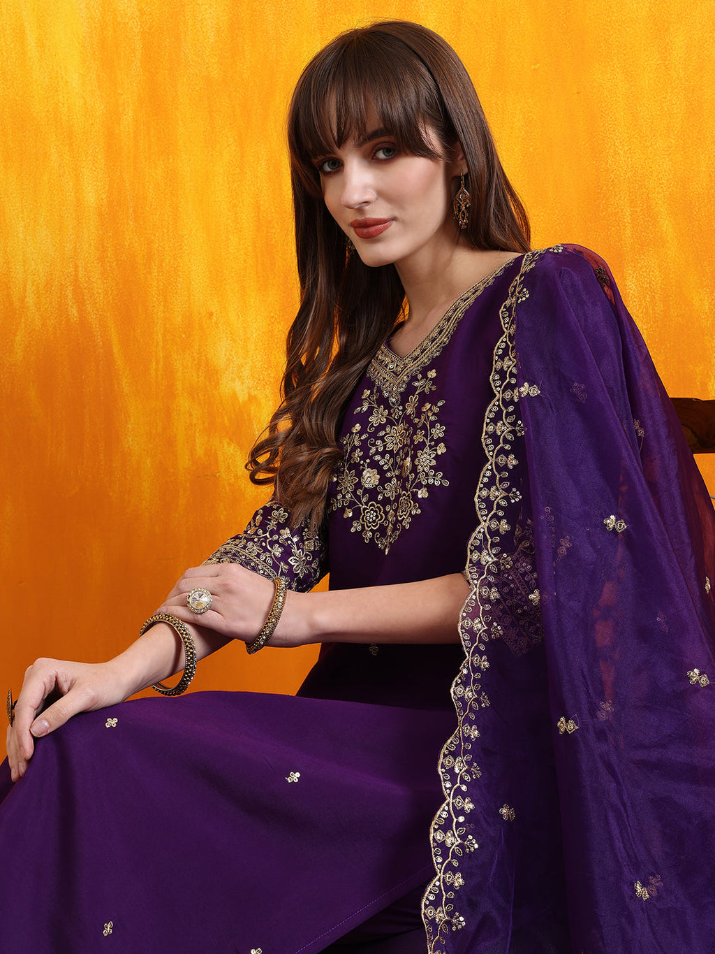 Sequined Embroidered Kurta With Pant & Embroidered Dupatta, Purple - Hiral Fashion | Grocsy