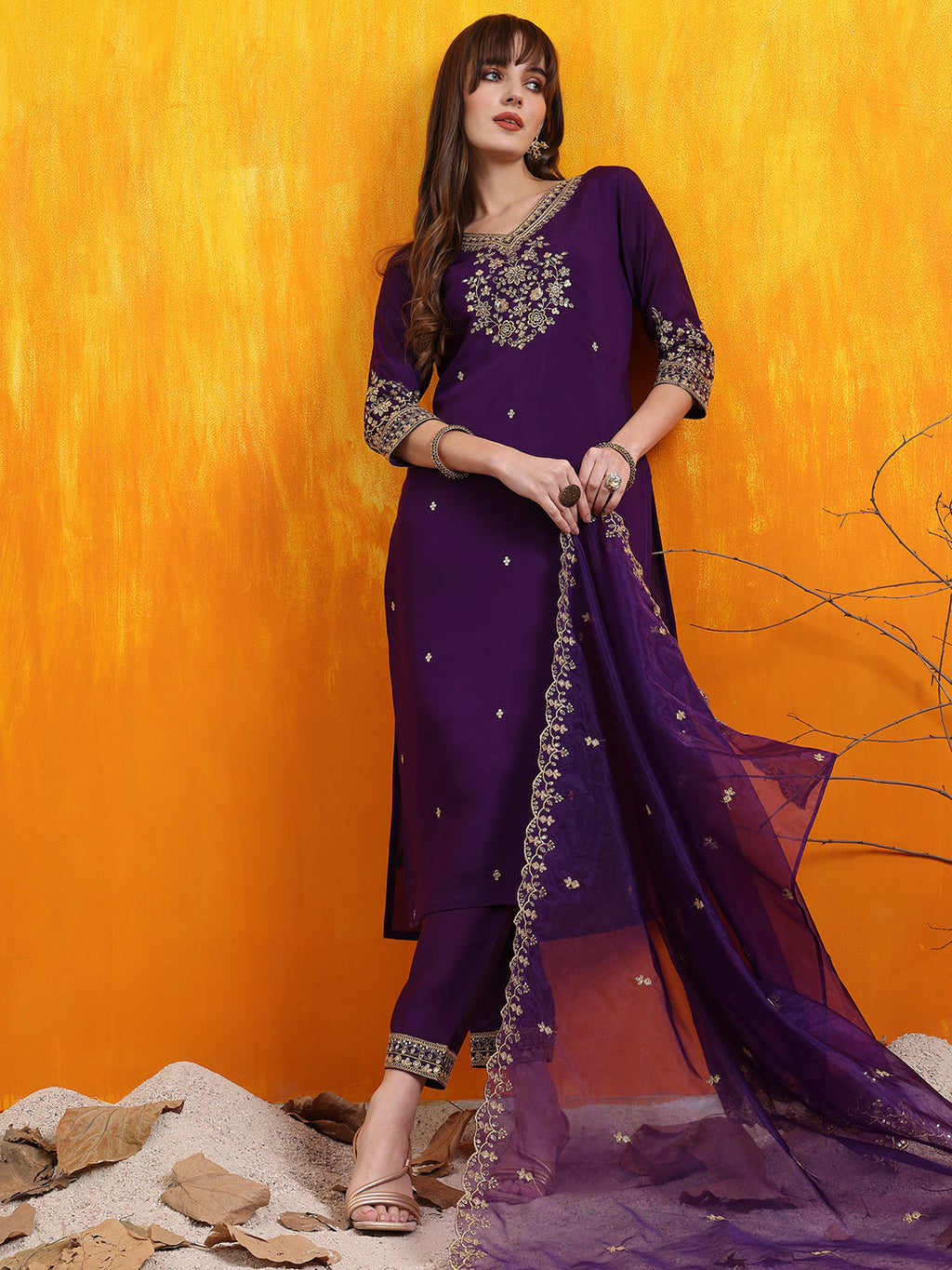Sequined Embroidered Kurta With Pant & Embroidered Dupatta, Purple - Hiral Fashion | Grocsy