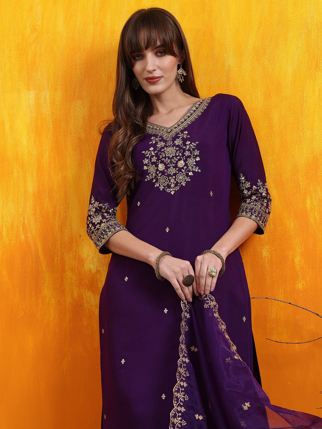 Sequined Embroidered Kurta With Pant & Embroidered Dupatta, Purple - Hiral Fashion | Grocsy