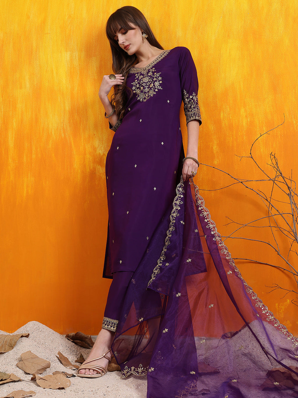 Sequined Embroidered Kurta With Pant & Embroidered Dupatta, Purple - Hiral Fashion | Grocsy