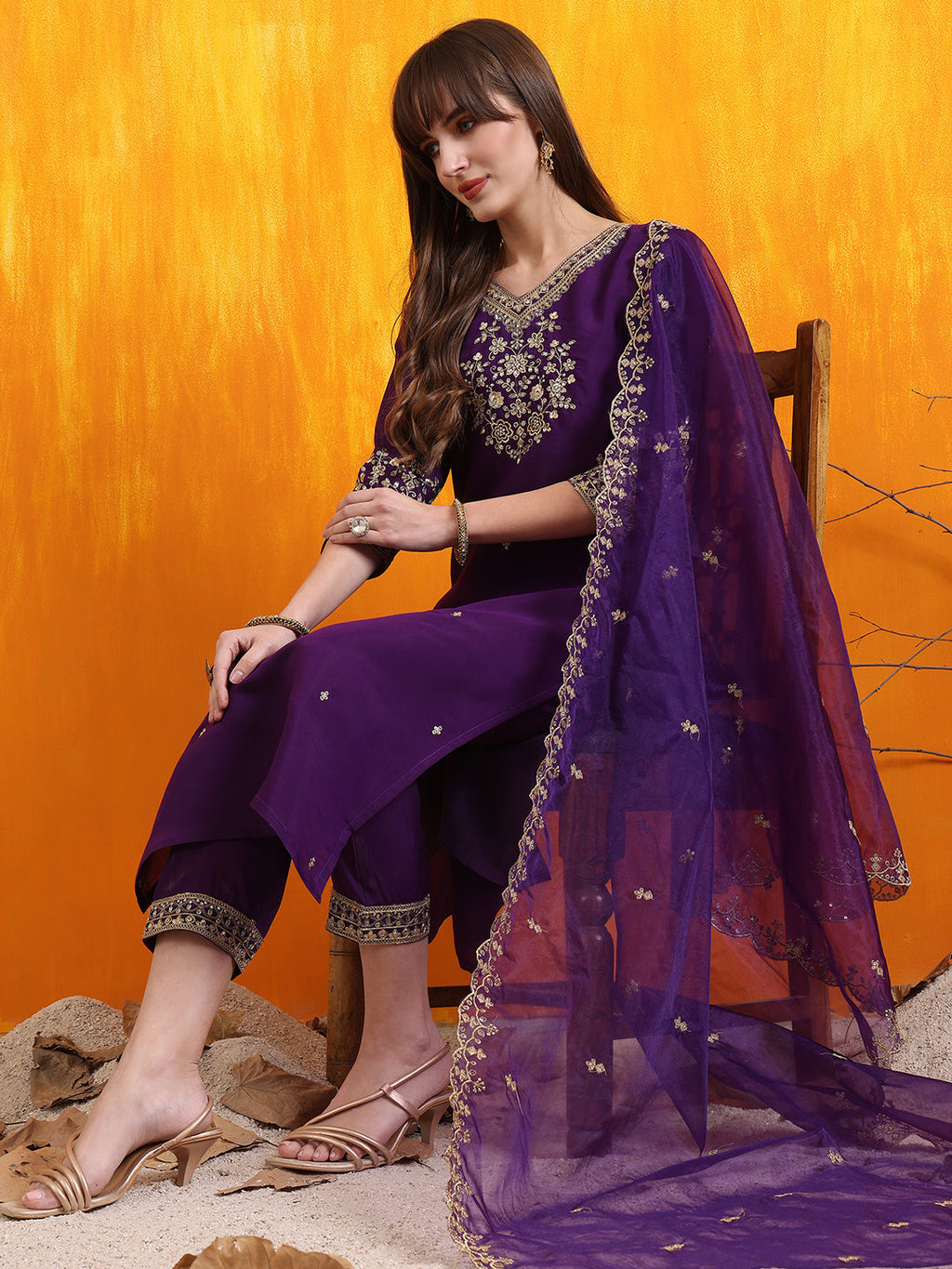 Sequined Embroidered Kurta With Pant & Embroidered Dupatta, Purple - Hiral Fashion | Grocsy