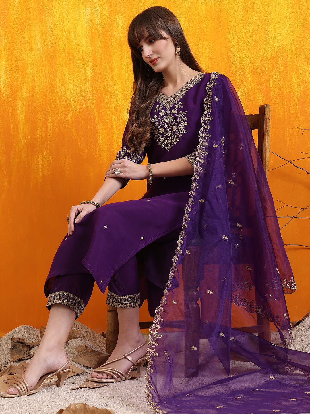 Sequined Embroidered Kurta With Pant & Embroidered Dupatta, Purple - Hiral Fashion | Grocsy