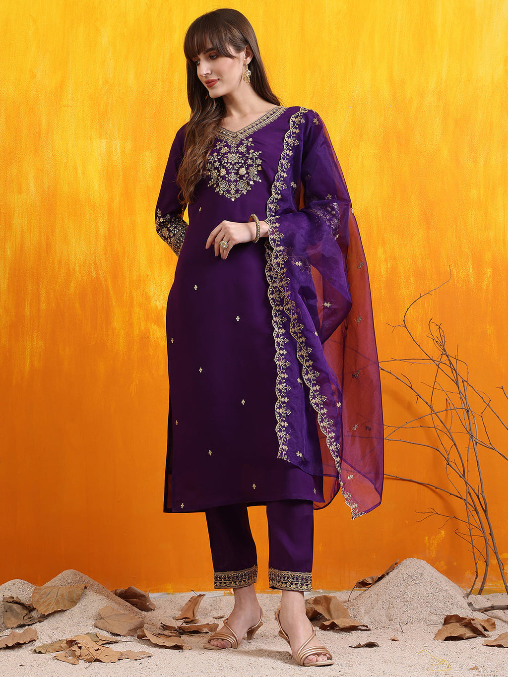 Sequined Embroidered Kurta With Pant & Embroidered Dupatta, Purple - Hiral Fashion | Grocsy