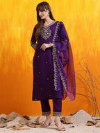 Sequined Embroidered Kurta With Pant & Embroidered Dupatta, Purple - Hiral Fashion | Grocsy