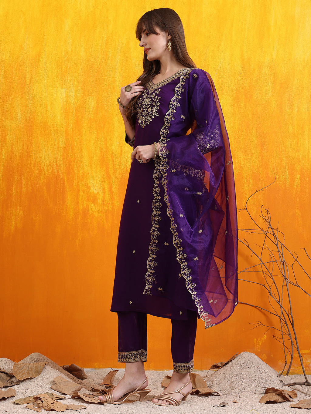 Sequined Embroidered Kurta With Pant & Embroidered Dupatta, Purple - Hiral Fashion | Grocsy