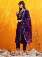 Sequined Embroidered Kurta With Pant & Embroidered Dupatta, Purple - Hiral Fashion | Grocsy