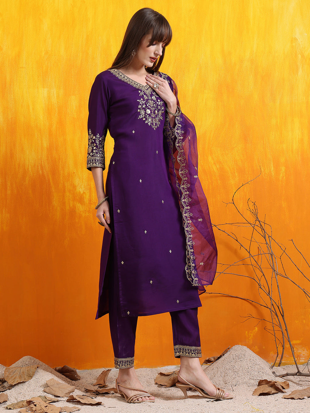 Sequined Embroidered Kurta With Pant & Embroidered Dupatta, Purple - Hiral Fashion | Grocsy