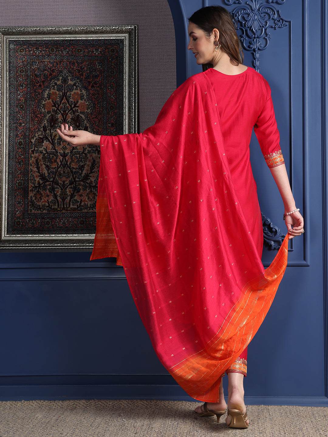 Embroidered Kurta With Pant & Two Toned Embroidered Dupatta, Pink - Hiral Fashion | Grocsy