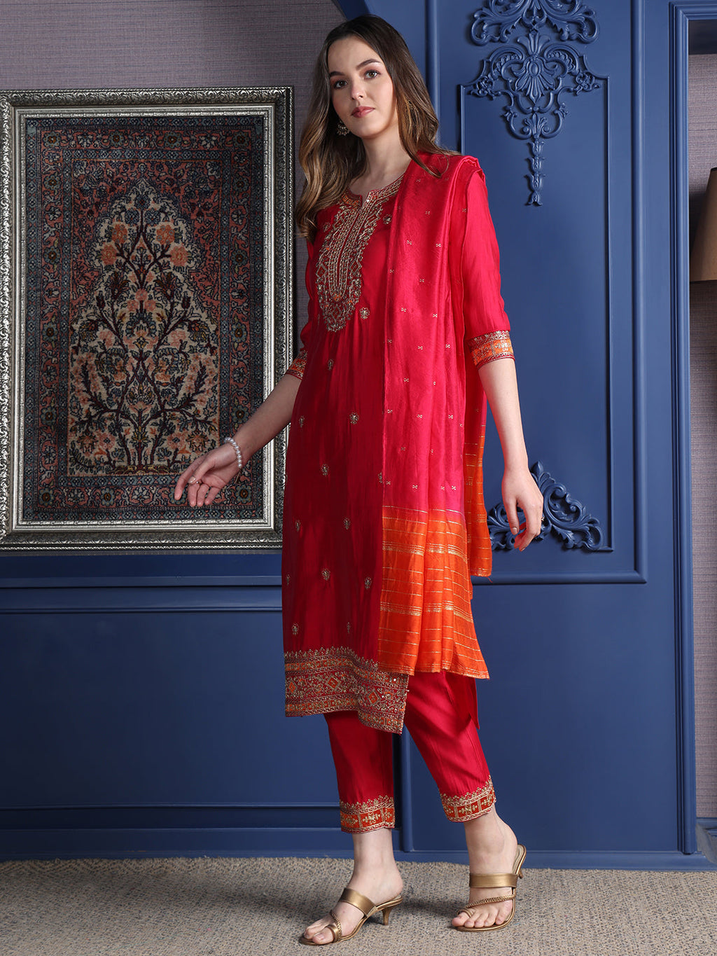Embroidered Kurta With Pant & Two Toned Embroidered Dupatta, Pink - Hiral Fashion | Grocsy