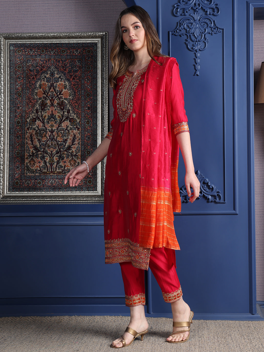 Embroidered Kurta With Pant & Two Toned Embroidered Dupatta, Pink - Hiral Fashion | Grocsy
