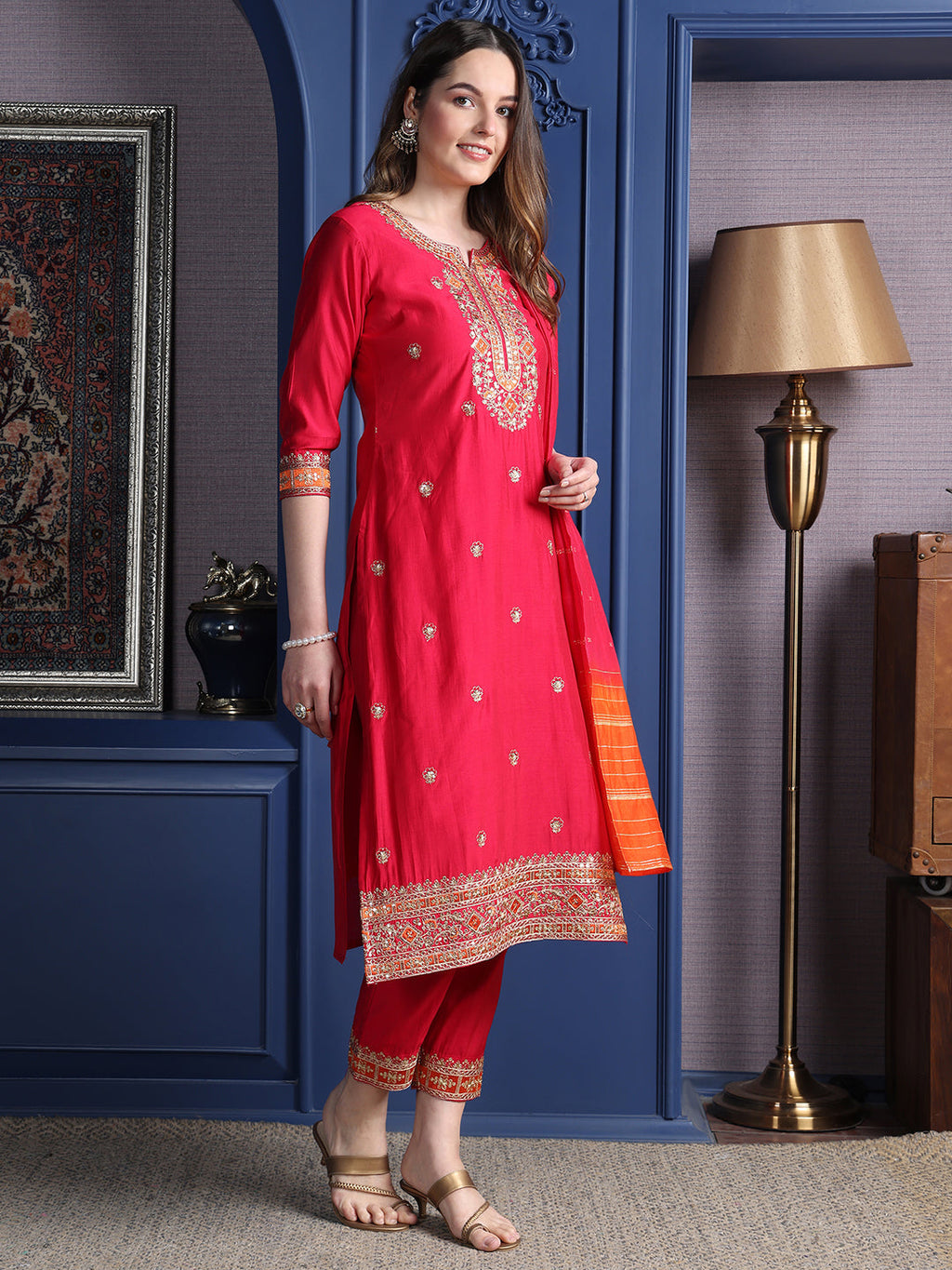Embroidered Kurta With Pant & Two Toned Embroidered Dupatta, Pink - Hiral Fashion | Grocsy