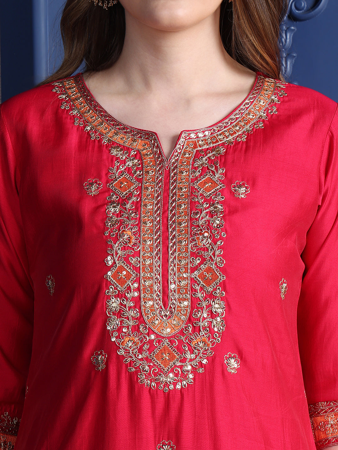 Embroidered Kurta With Pant & Two Toned Embroidered Dupatta, Pink - Hiral Fashion | Grocsy