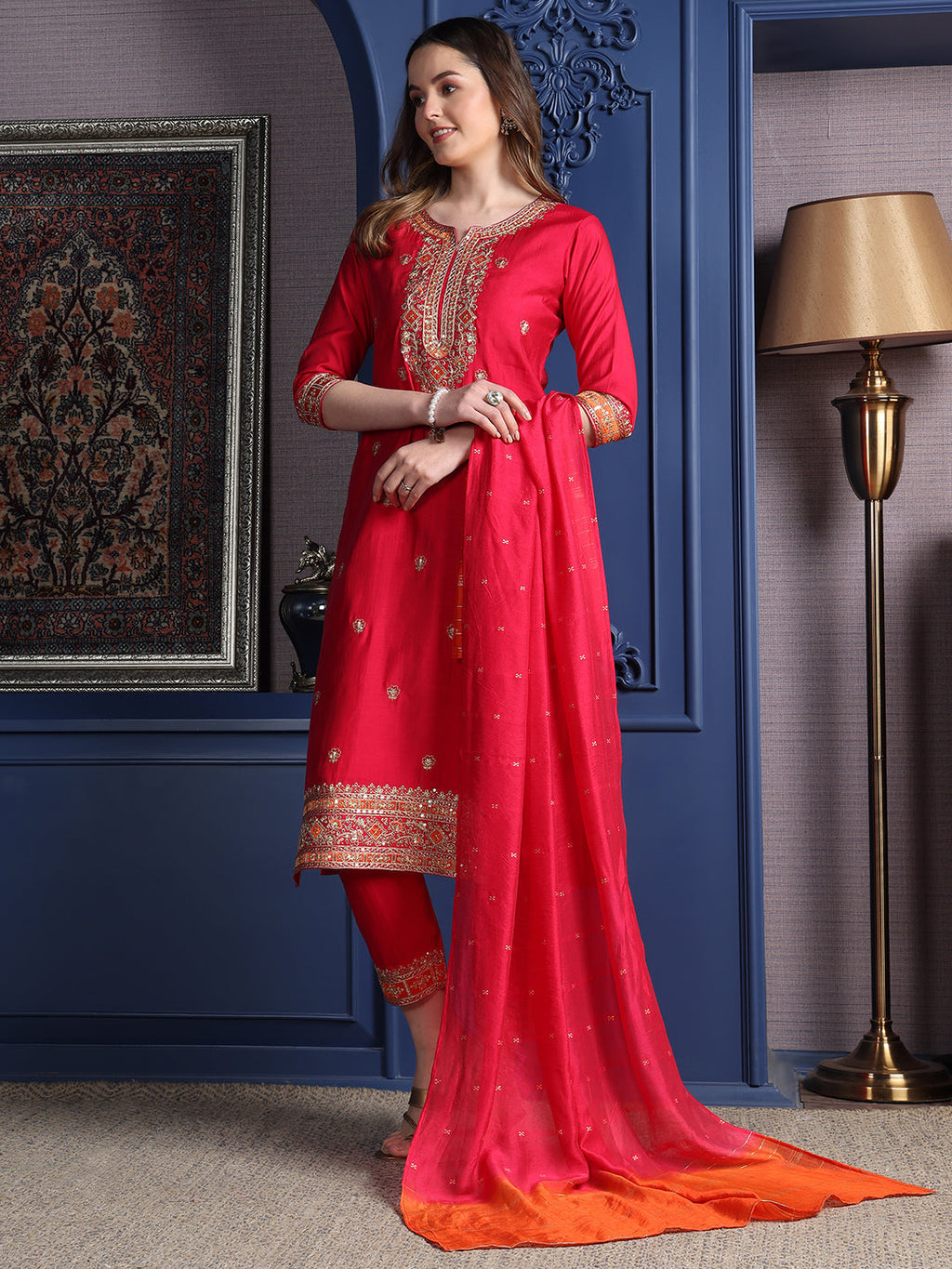 Embroidered Kurta With Pant & Two Toned Embroidered Dupatta, Pink - Hiral Fashion | Grocsy