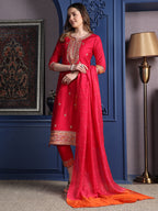 Embroidered Kurta With Pant & Two Toned Embroidered Dupatta, Pink - Hiral Fashion | Grocsy