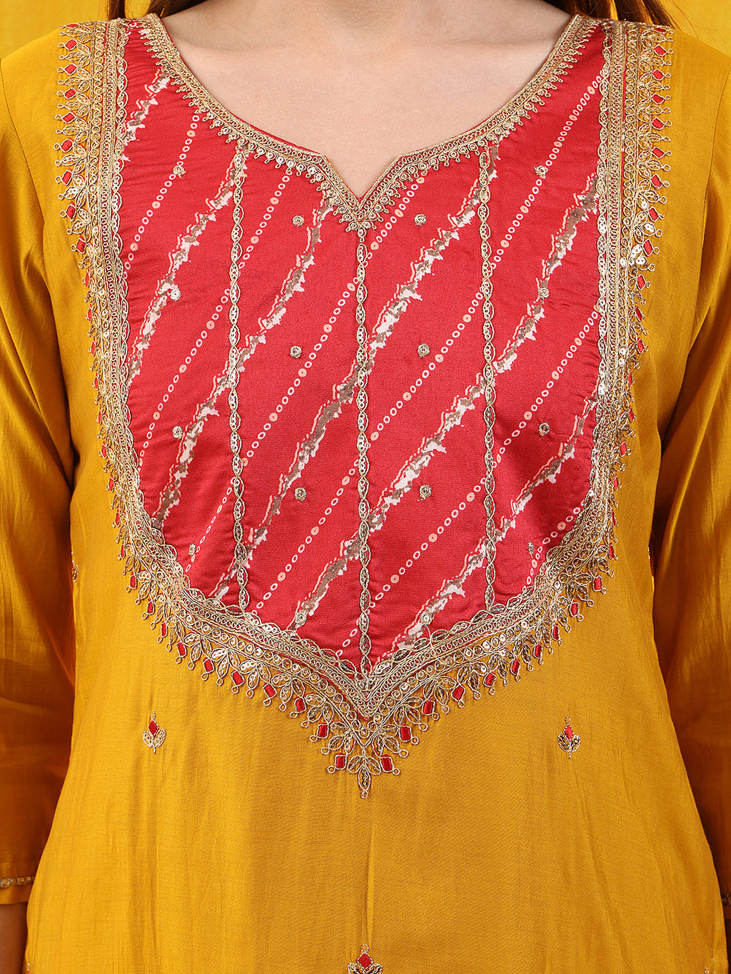 Sequined Embroidered & Applique Patch Kurta With Pant & Printed Dupatta, Mustard - Hiral Fashion | Grocsy