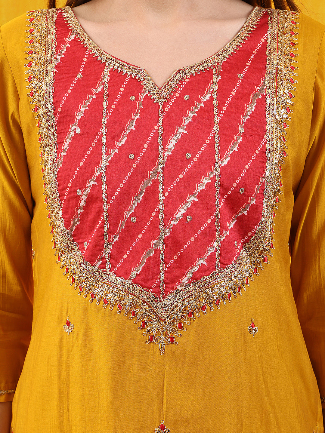 Sequined Embroidered & Applique Patch Kurta With Pant & Printed Dupatta, Mustard - Hiral Fashion | Grocsy