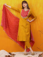 Sequined Embroidered & Applique Patch Kurta With Pant & Printed Dupatta, Mustard - Hiral Fashion | Grocsy