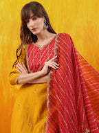Sequined Embroidered & Applique Patch Kurta With Pant & Printed Dupatta, Mustard - Hiral Fashion | Grocsy