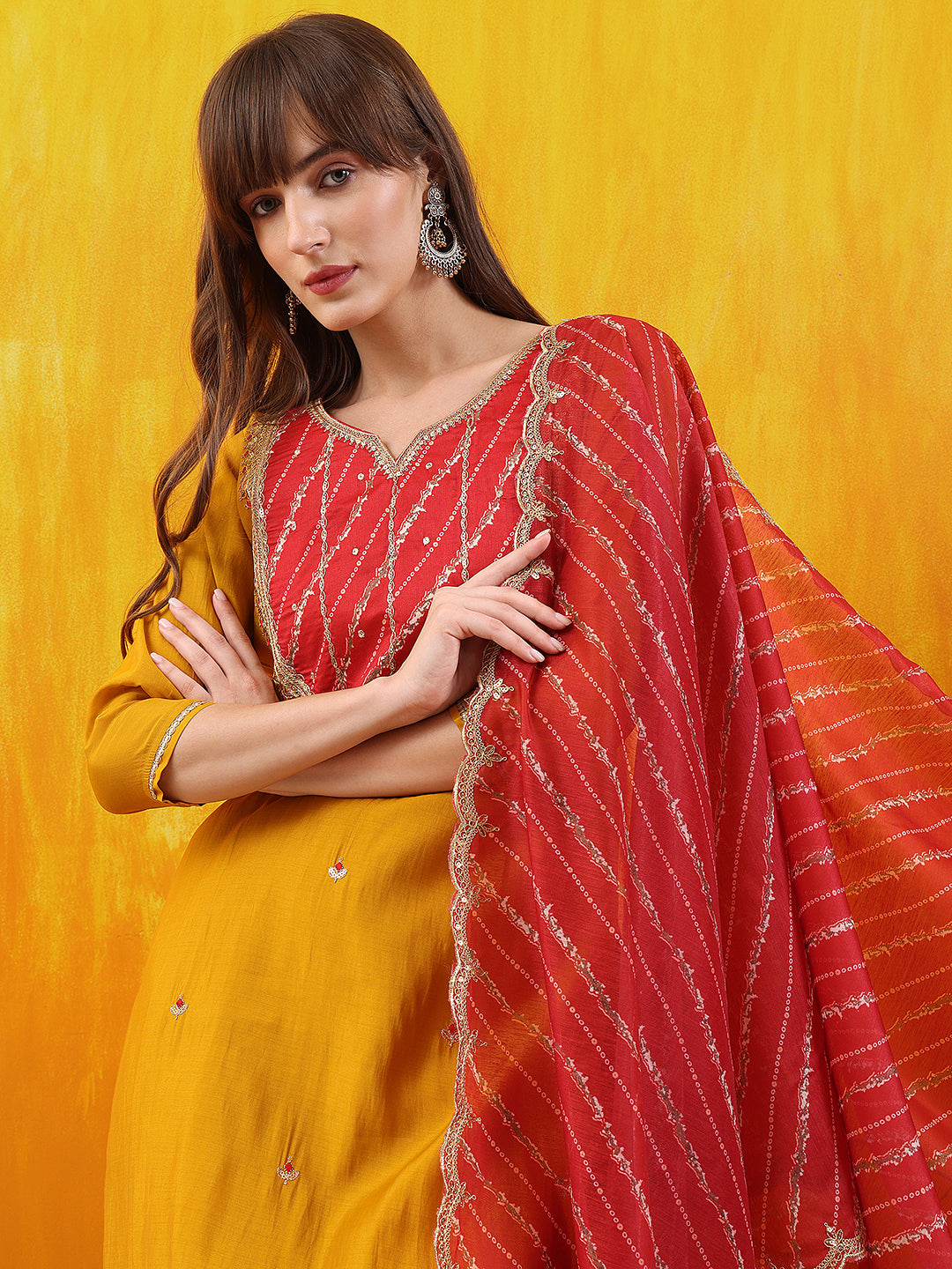 Sequined Embroidered & Applique Patch Kurta With Pant & Printed Dupatta, Mustard - Hiral Fashion | Grocsy