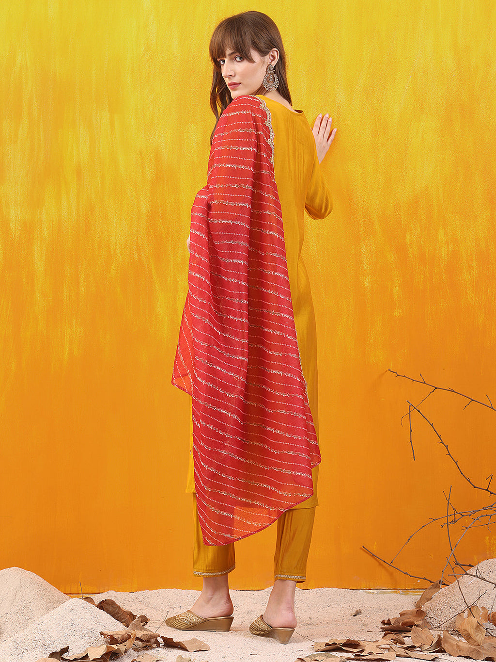 Sequined Embroidered & Applique Patch Kurta With Pant & Printed Dupatta, Mustard - Hiral Fashion | Grocsy
