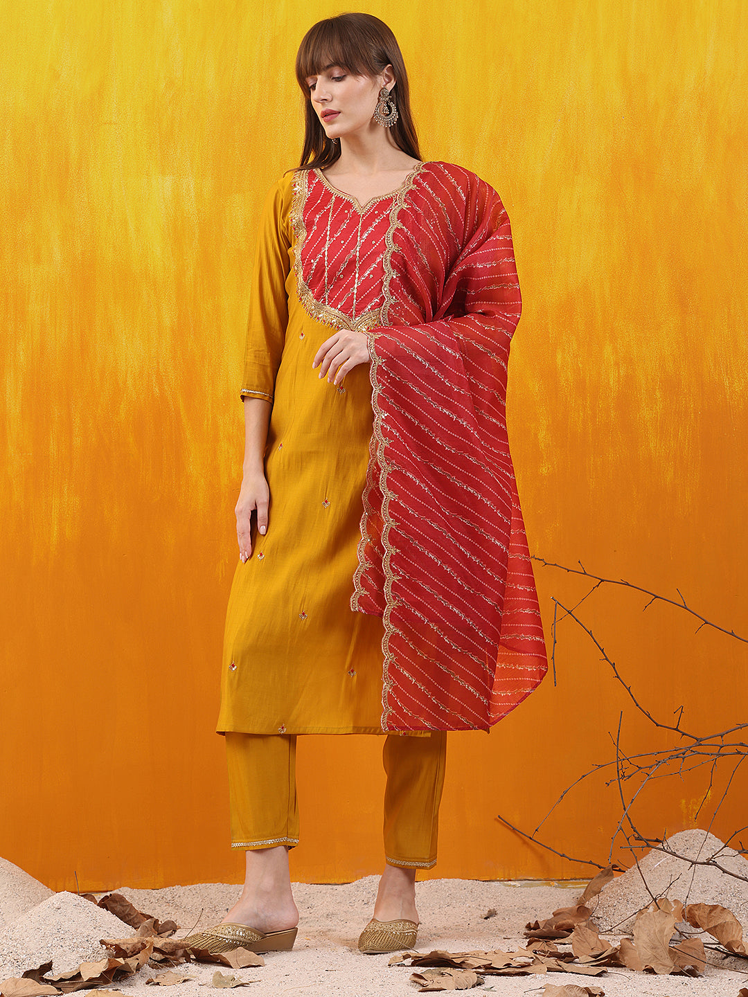 Sequined Embroidered & Applique Patch Kurta With Pant & Printed Dupatta, Mustard - Hiral Fashion | Grocsy