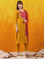 Sequined Embroidered & Applique Patch Kurta With Pant & Printed Dupatta, Mustard - Hiral Fashion | Grocsy
