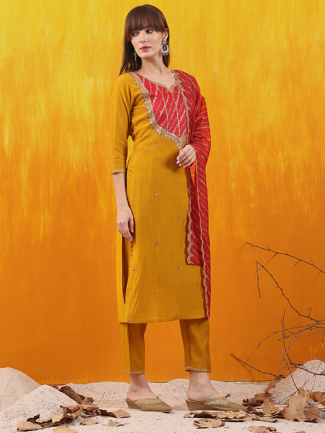 Sequined Embroidered & Applique Patch Kurta With Pant & Printed Dupatta, Mustard - Hiral Fashion | Grocsy