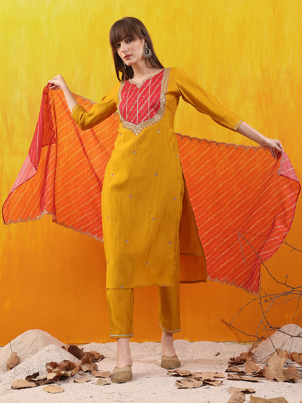 Sequined Embroidered & Applique Patch Kurta With Pant & Printed Dupatta, Mustard - Hiral Fashion | Grocsy