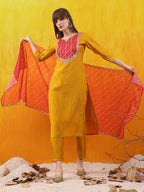 Sequined Embroidered & Applique Patch Kurta With Pant & Printed Dupatta, Mustard - Hiral Fashion | Grocsy