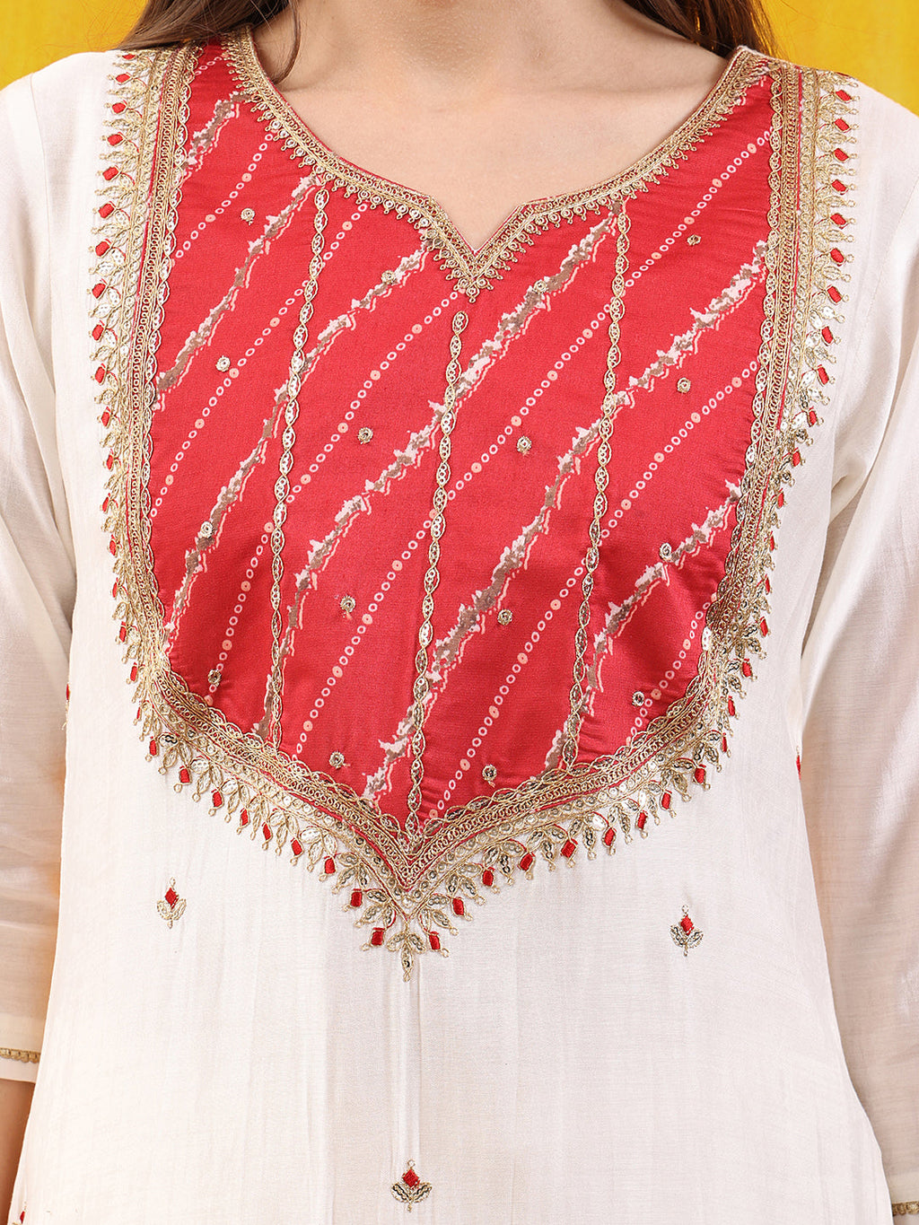 Sequined Embroidered & Applique Patch Kurta With Pant & Printed Dupatta, White - Hiral Fashion | Grocsy