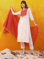 Sequined Embroidered & Applique Patch Kurta With Pant & Printed Dupatta, White - Hiral Fashion | Grocsy