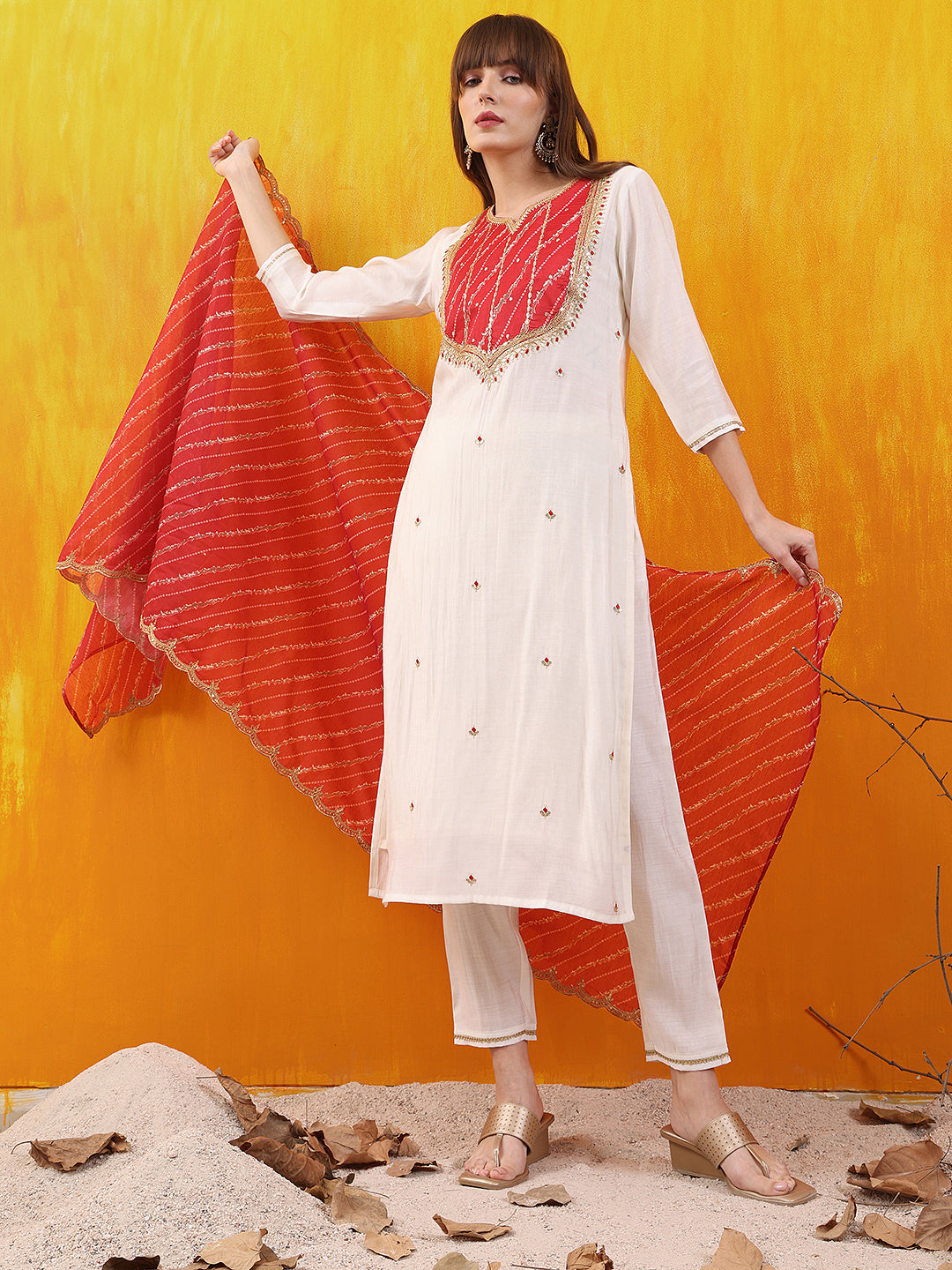 Sequined Embroidered & Applique Patch Kurta With Pant & Printed Dupatta, White - Hiral Fashion | Grocsy