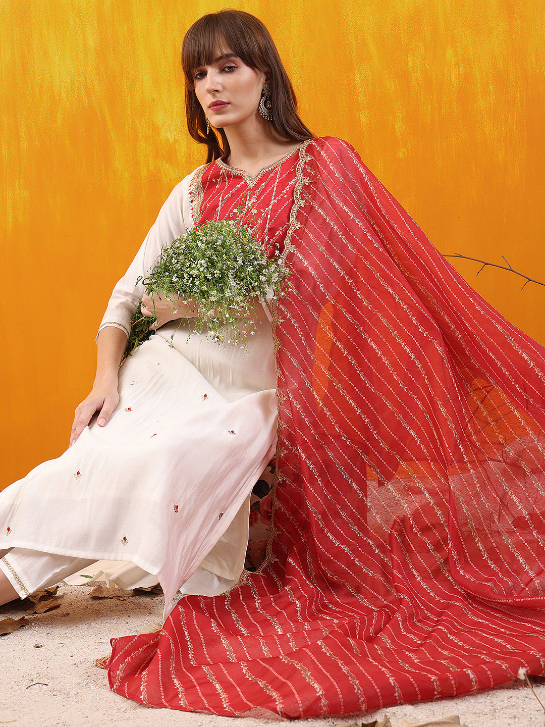 Sequined Embroidered & Applique Patch Kurta With Pant & Printed Dupatta, White - Hiral Fashion | Grocsy