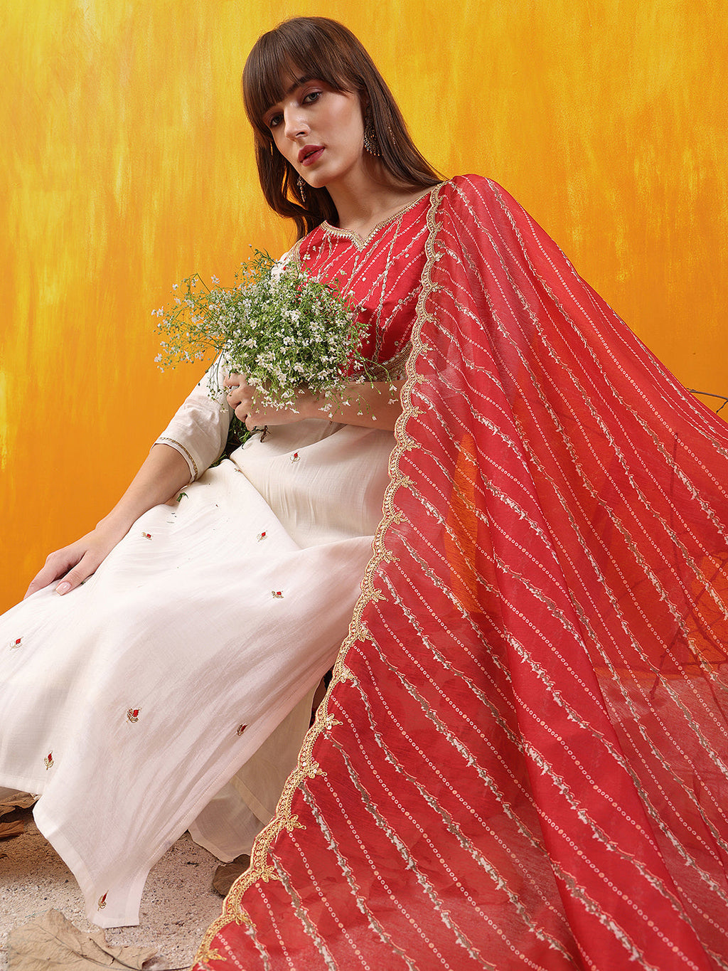 Sequined Embroidered & Applique Patch Kurta With Pant & Printed Dupatta, White - Hiral Fashion | Grocsy