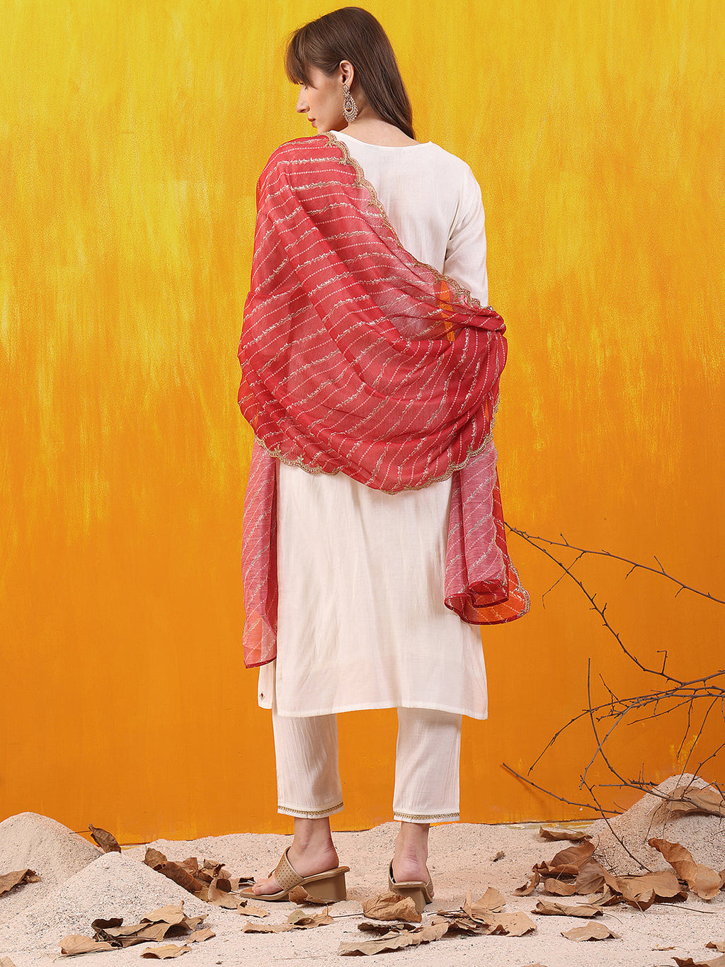 Sequined Embroidered & Applique Patch Kurta With Pant & Printed Dupatta, White - Hiral Fashion | Grocsy