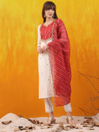Sequined Embroidered & Applique Patch Kurta With Pant & Printed Dupatta, White - Hiral Fashion | Grocsy