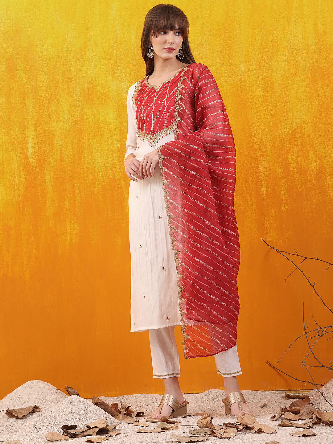 Sequined Embroidered & Applique Patch Kurta With Pant & Printed Dupatta, White - Hiral Fashion | Grocsy