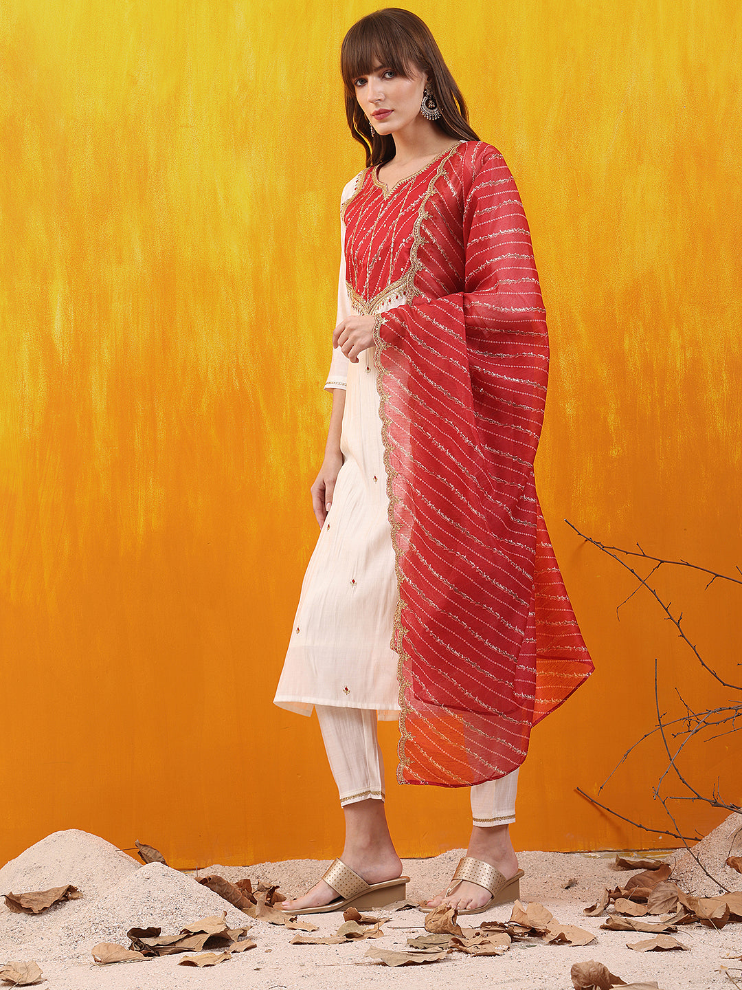 Sequined Embroidered & Applique Patch Kurta With Pant & Printed Dupatta, White - Hiral Fashion | Grocsy
